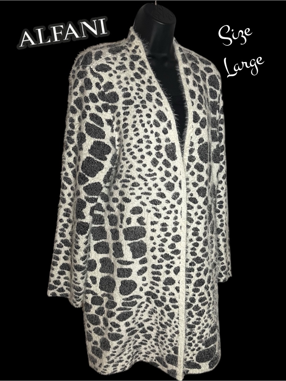 Alfani Long Open-Front Soft Eyelash Animal Print Cardigan Large Black Off White